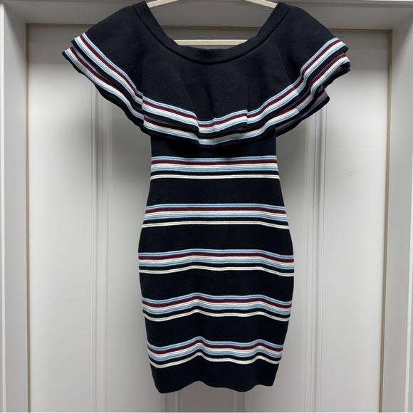 Gianni Bini Black, Blue, White, Burgundy Striped Ruffle Off the Shoulder Dress - Picture 8 of 16